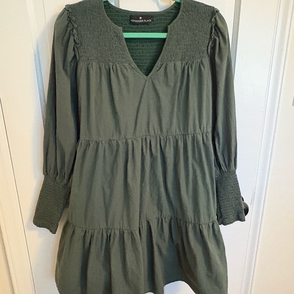 Pomander Place Olive Green Smocked Dress
